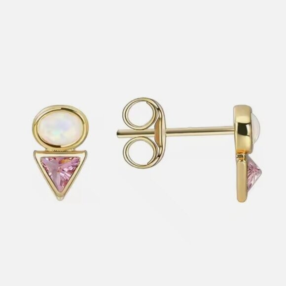 Tiny Stud Earrings Opal and Pink CZ Triangle Opal & Crystal Dainty Studs PRETTY - Picture 2 of 12